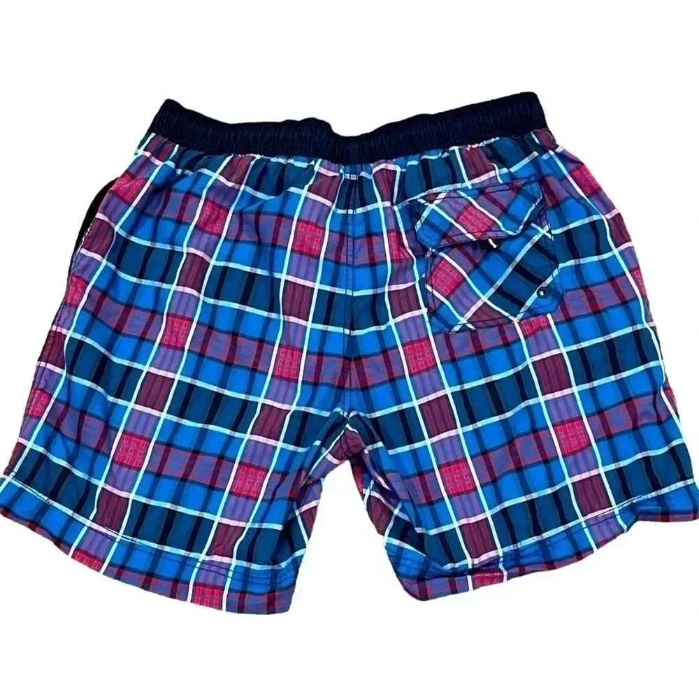 🍀 2/$22 Tommy Hilfiger 7” Mens Blue Red Plaid Swim Trunks size large